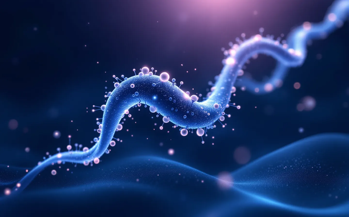 Abstract illustration of a five-residue peptide chain on a deep indigo field